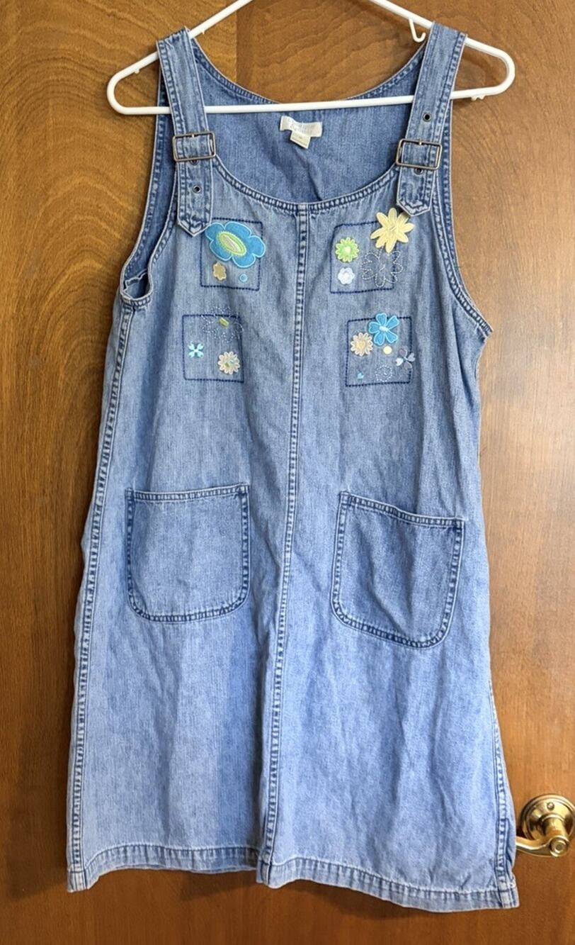 Christopher & Banks Denim Jean Overall Jumper Dress Floral Embroidered Medium
